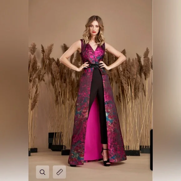 Kay Unger Vibrant Pink and Black Walk Thru Jumpsuit - Picture 2 of 8